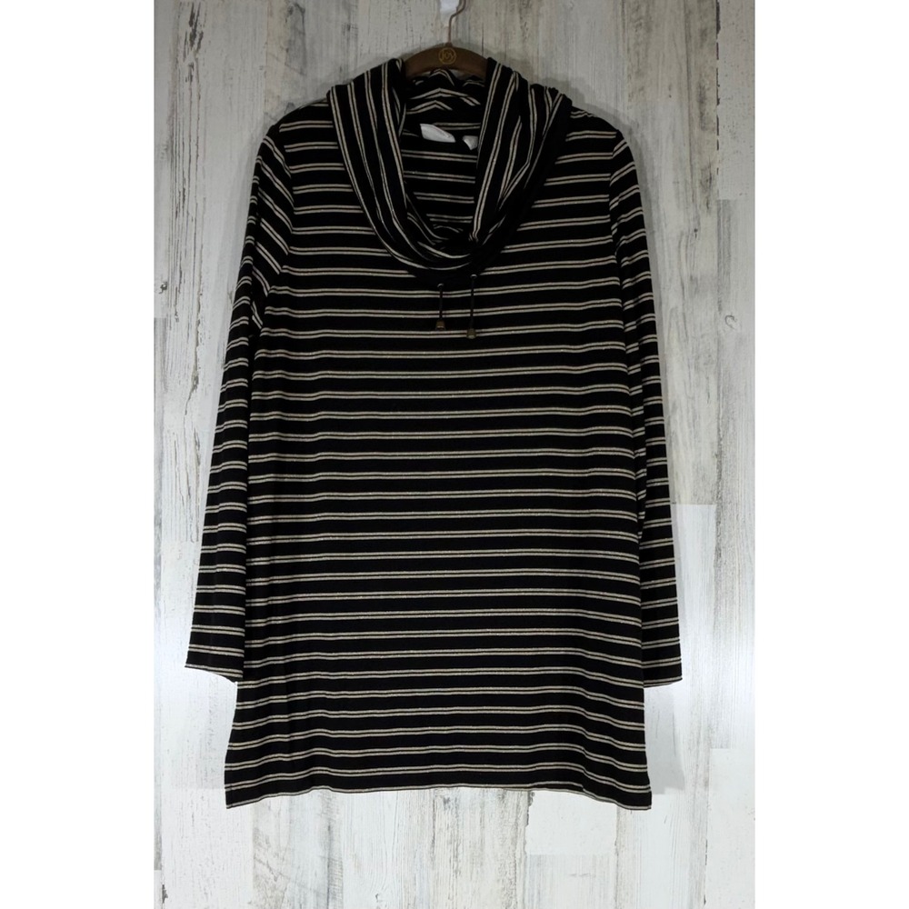 Zenergy by Chicos Tunic Top Size 1 Medium Black Gold Metallic Striped Cowl Neck